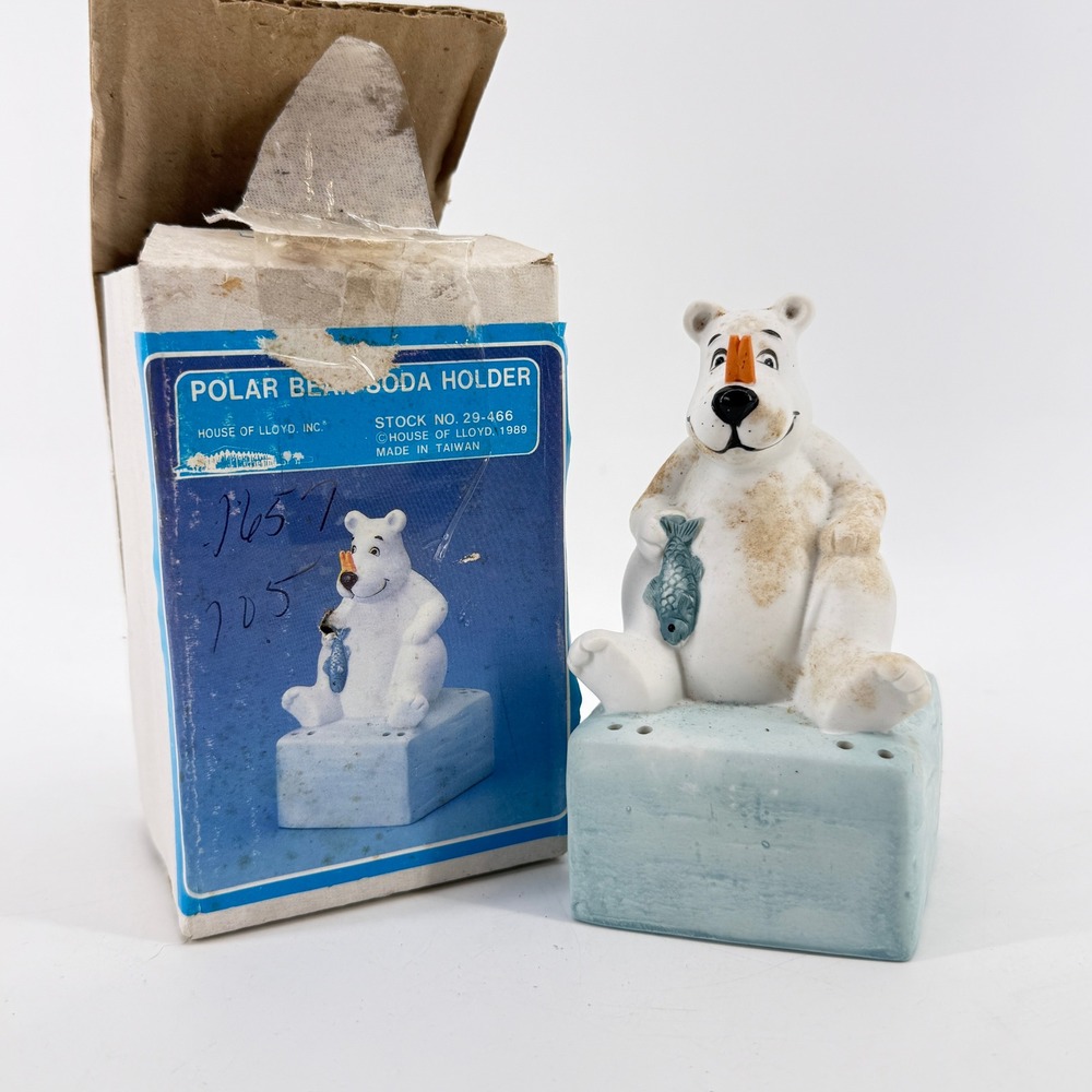 House of Lloyd Polar Bear Soda Holder White Blue Vintage 1989 Ceramic